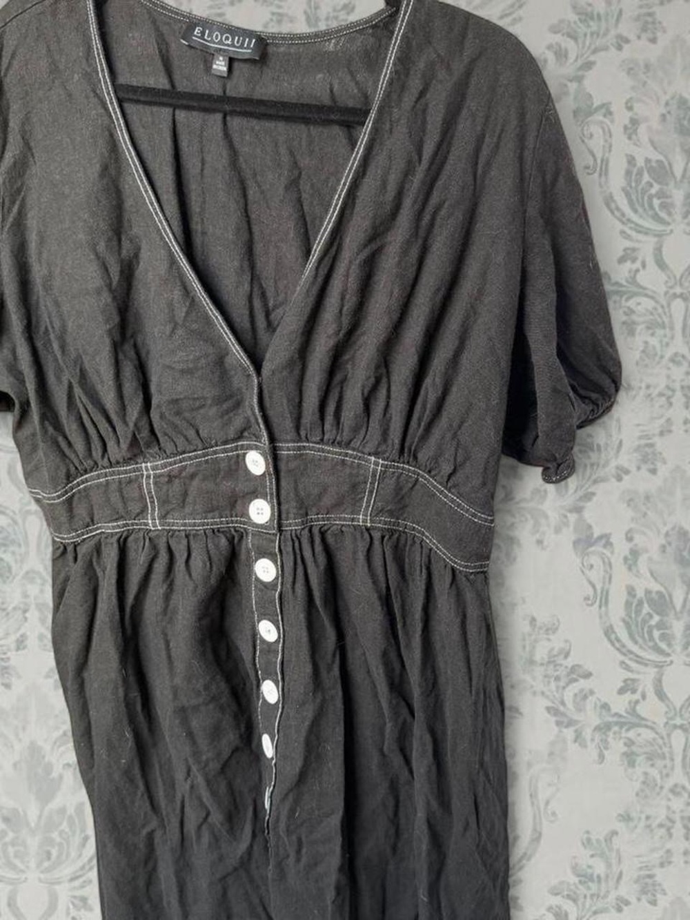 Eloquii Black Linen Blend Dress — Size 16 | Elastic Waist | Faux Button Detail